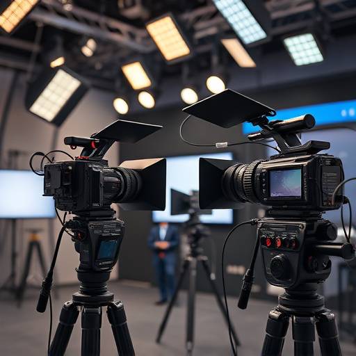 Equipamiento profesional de un estudio de televisi贸n, incluyendo c谩maras, luces y micr贸fonos